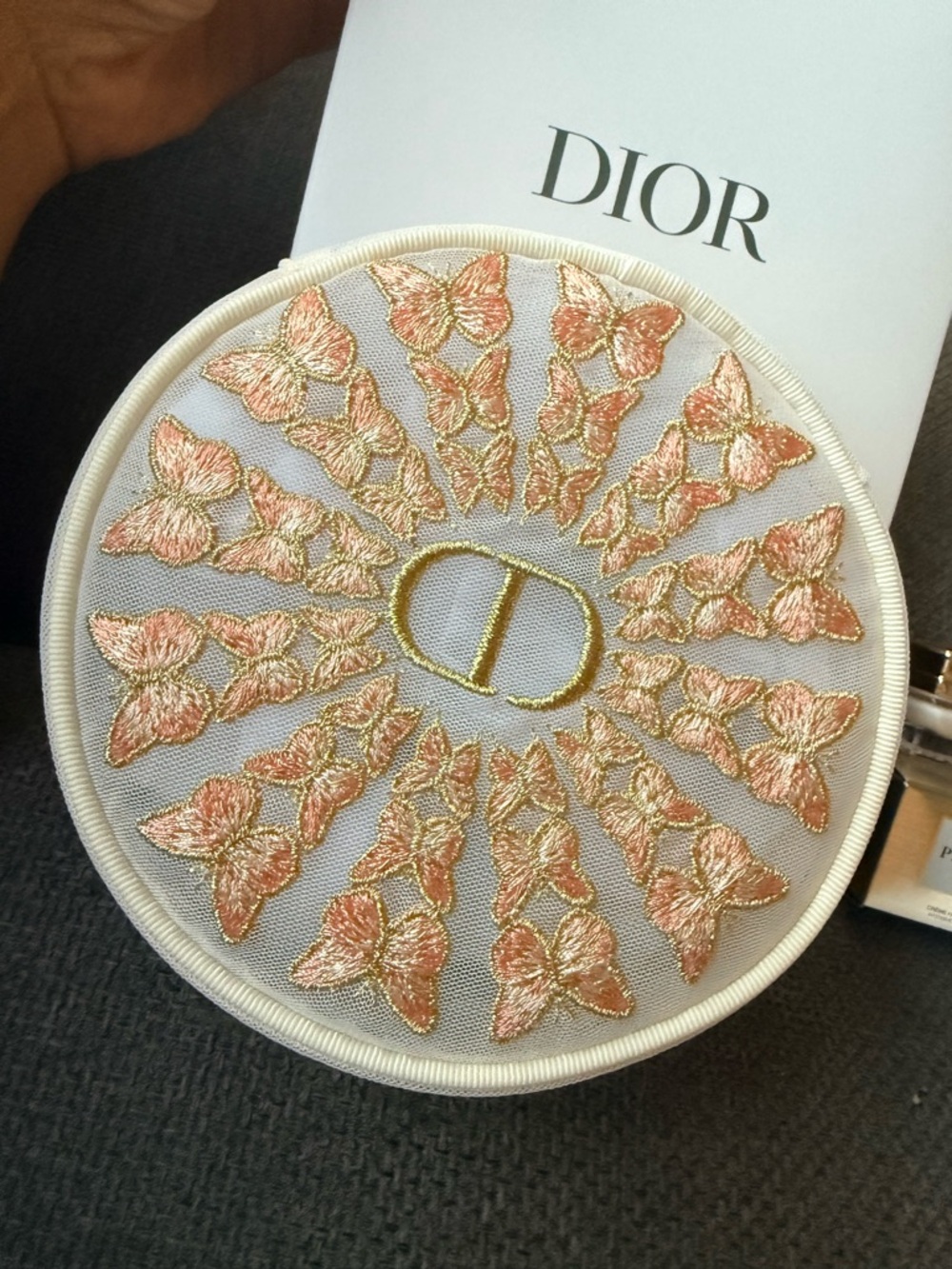 Dior Round Embroidered makeup Pouch in Peach & Gold w gifts - Picture 2 of 11